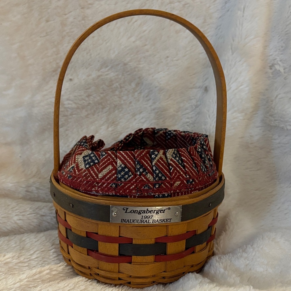 Longaberger 1997 Inaugural Basket with Red and Blue Weave & Flag Fabric & Liner
